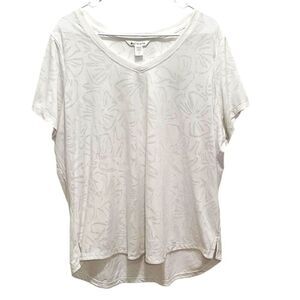 Athleta Floral White Essential V-Neck Mesh Trim Short Sleeve T-Shirt size 2X